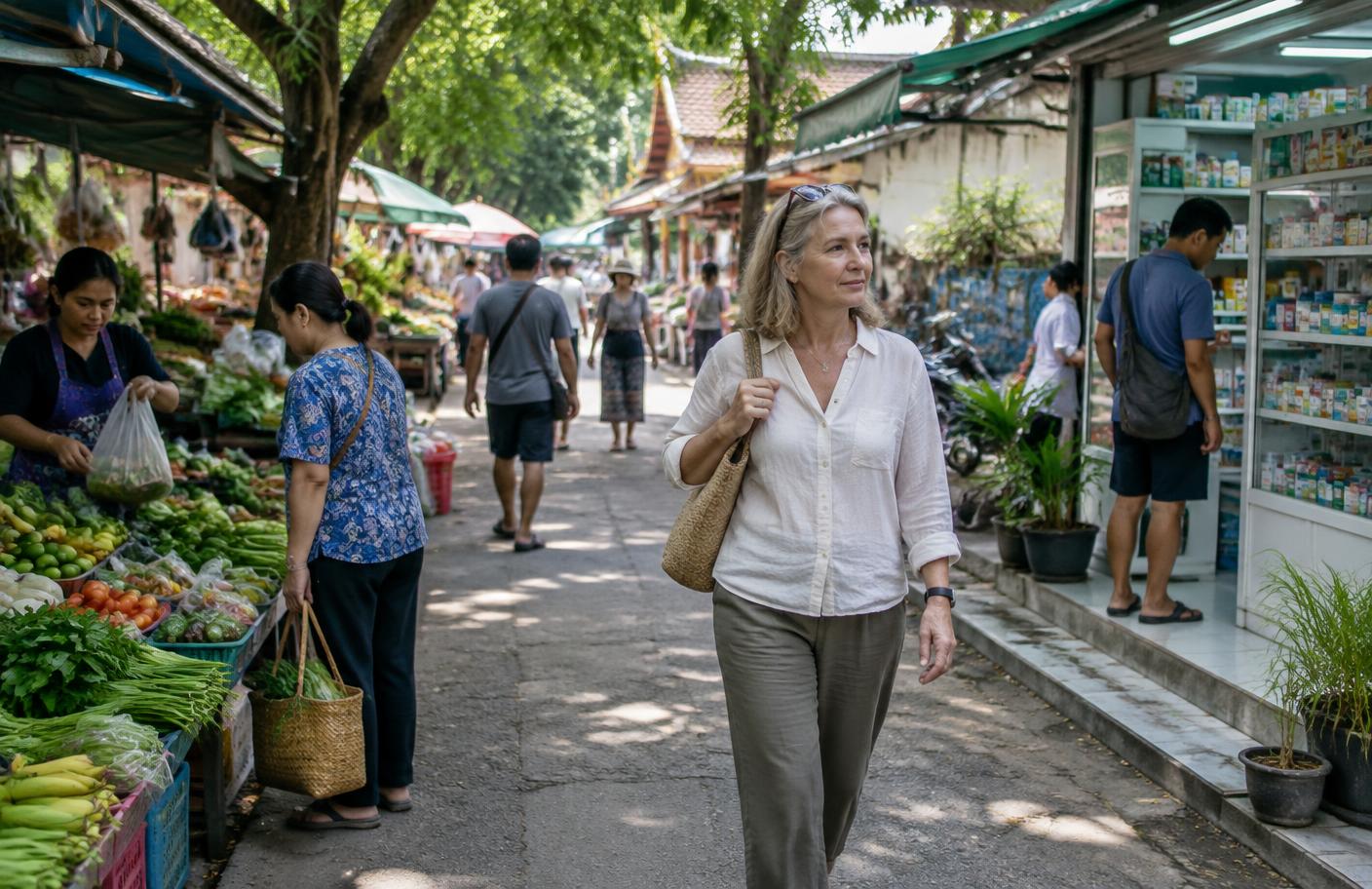 A mature international resident walking through a Chiang Mai market near a pharmacy