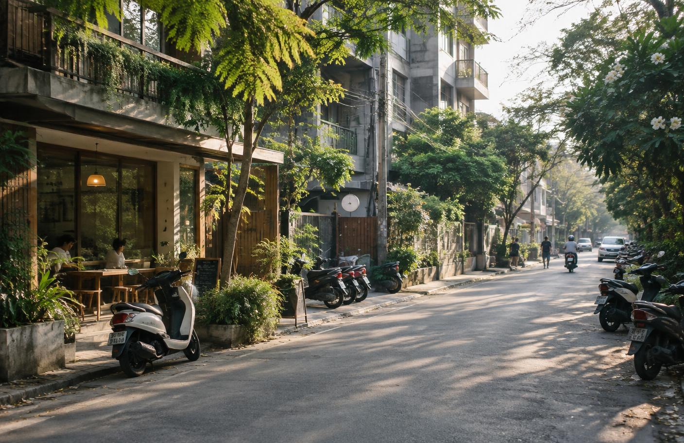 A leafy residential street with cafés and condominiums in Chiang Mai