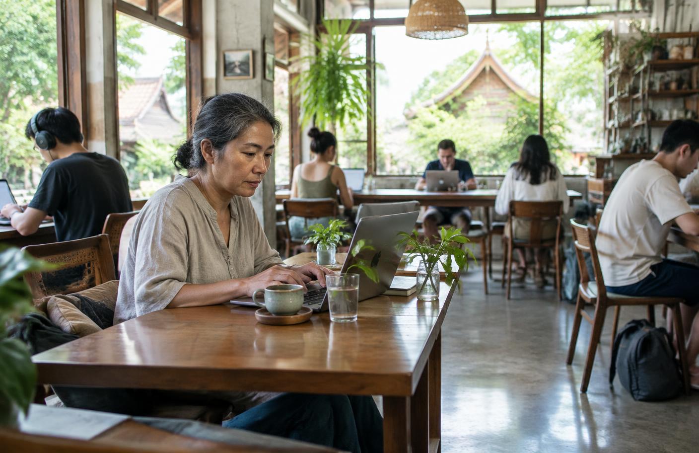 A woman over 50 working on a laptop in a relaxed Chiang Mai café