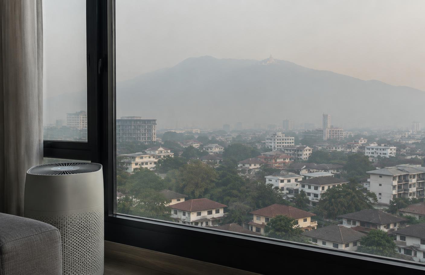 Chiang Mai and Doi Suthep seen through seasonal haze from a room with an air purifier