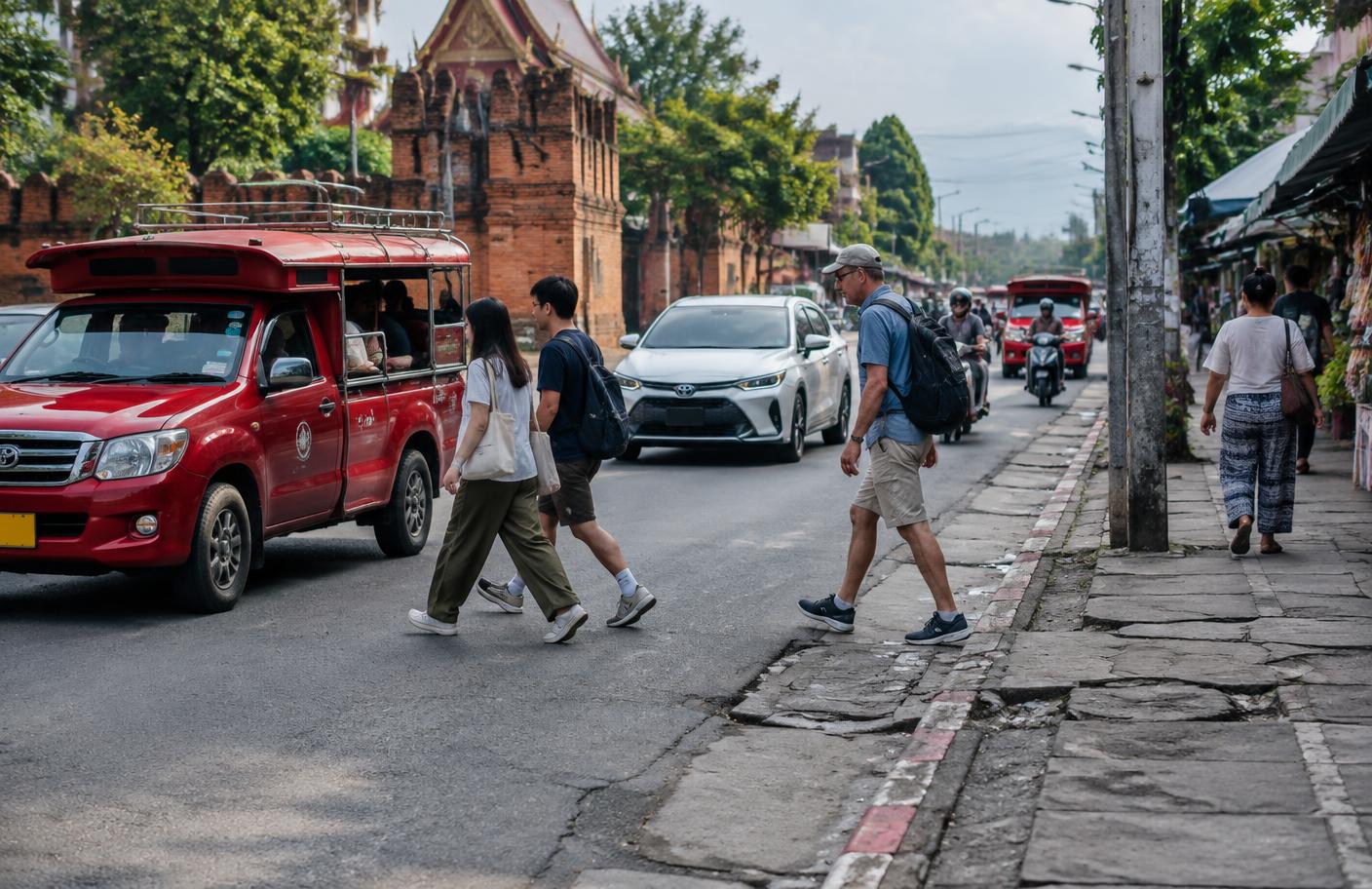 Pedestrians, a red songthaew and traffic beside an uneven Chiang Mai pavement