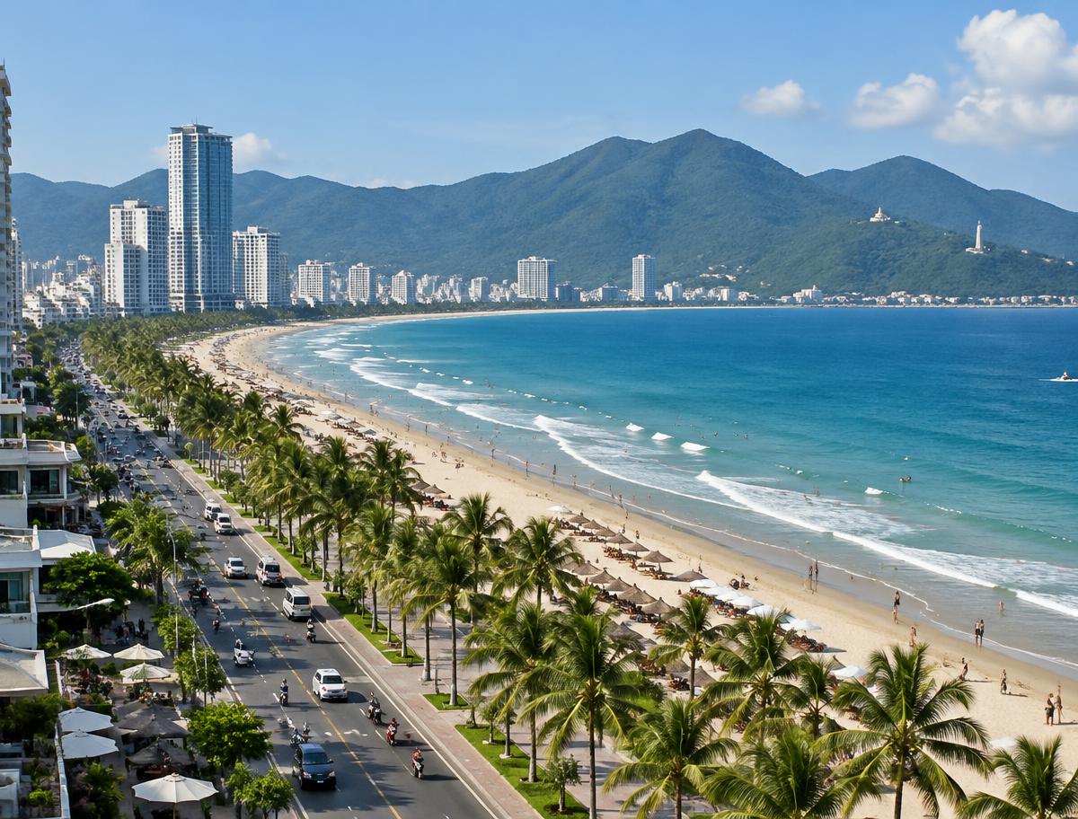 Da Nang beachfront, city skyline and Son Tra hills