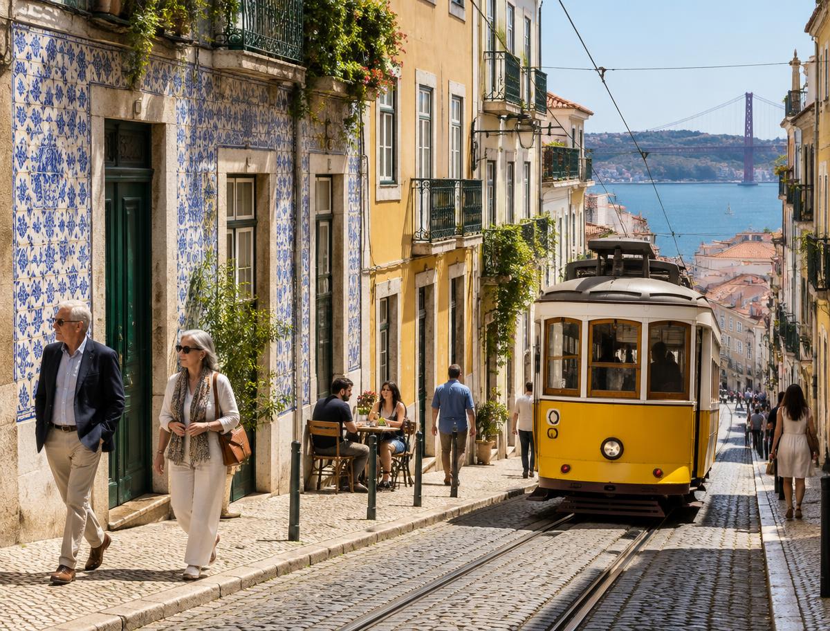 Yellow tram and tiled buildings on a Lisbon street